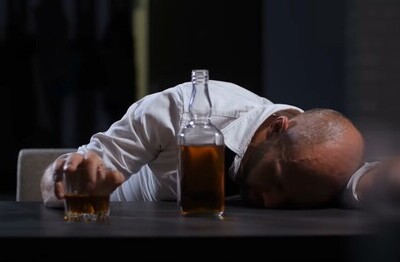 Алкогольная интоксикация пьяный мужчина спит за столом